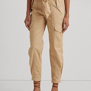Beige Stretch Zippered Pocketed Cargo Hi-waist Ankle Tie Belt Straight leg pant